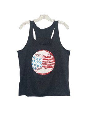 Patriotic Baseball Graphic Tank Top Womens Medium Gray Racerback Flag